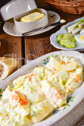 Rustic spring egg salad with leek