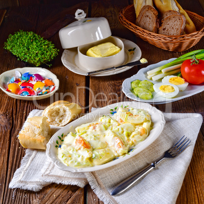Rustic spring egg salad with leek