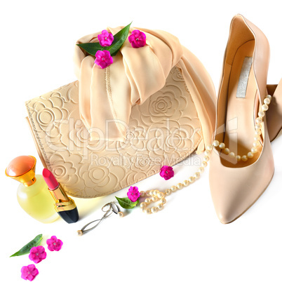 Ladies bag, shoes, jewelry, cosmetics and perfumes isolated on w