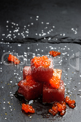 Red tuna sashimi with salmon roe.