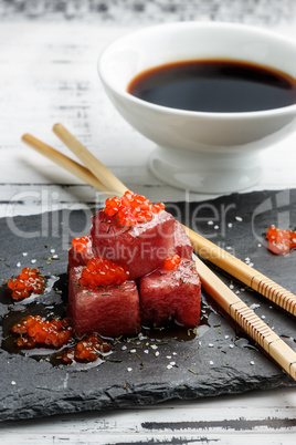 Red tuna sashimi with salmon roe.