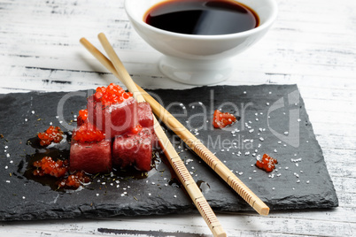 Red tuna sashimi with salmon roe.