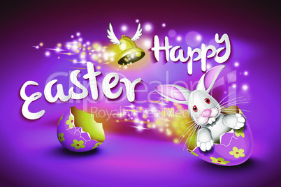 Happy Easter greeting card, a funny rabbit driving an egg shell