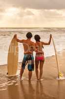 Asian Man Woman Couple Surfboards on Beach