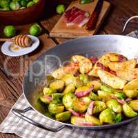 Brussels Sprouts with ham ,honey and roasted potatoes