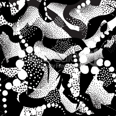 Abstract blot seamless pattern. Black dotted painted background
