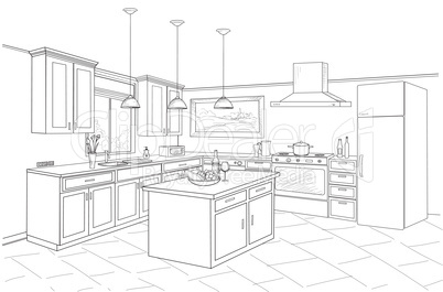 Interior sketch of kitchen room. Outline design of kitchen