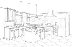 Interior sketch of kitchen room. Outline design of kitchen