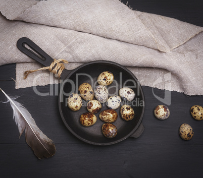 raw quail eggs in a round black cast-iron frying pan