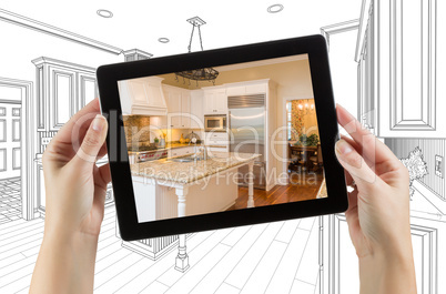 Female Hands Holding Computer Tablet with Kitchen on Screen & Dr