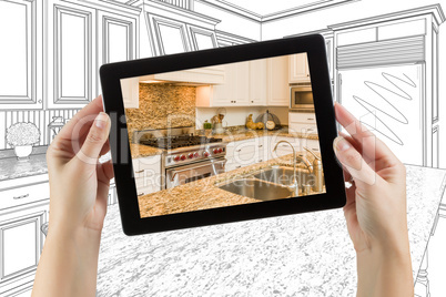 Female Hands Holding Computer Tablet with Kitchen on Screen & Dr