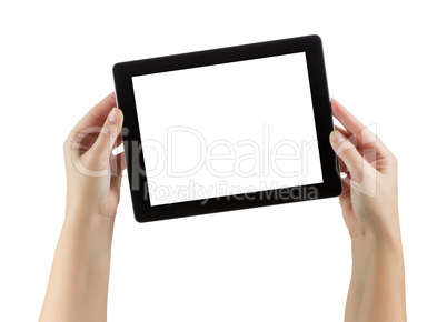 Female Hands Holding Blank Computer Tablet on White