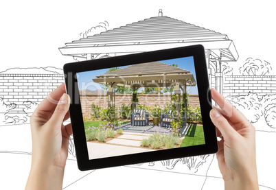 Female Hands Holding Computer Tablet with Photo of Pergola on Sc