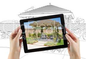 Female Hands Holding Computer Tablet with Photo of Pergola on Sc