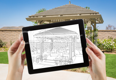 Female Hands Holding Computer Tablet with Drawing of Pergola on