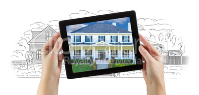 Female Hands Holding Computer Tablet with House Photo on Screen