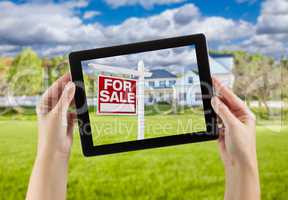 Female Hands Holding Computer Tablet with Home For Sale Sign on