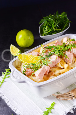 Salmon with penne noodle and arugula