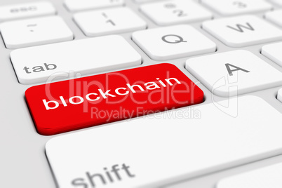 3d render of a keyboard with red blockchain button.
