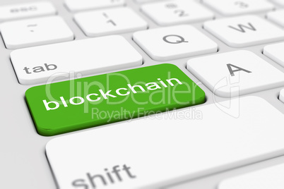 3d render of a keyboard with green blockchain button.