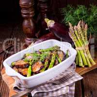 Eggplant casserole with green asparagus