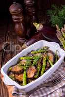 Eggplant casserole with green asparagus