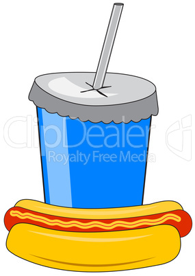 Cardboard cup with a drink and a hot dog