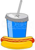 Cardboard cup with a drink and a hot dog
