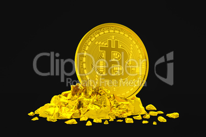 3d render of golden bitcoin on black background.