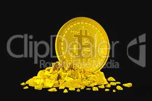 3d render of golden bitcoin on black background.