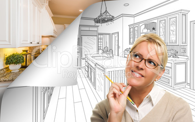 Woman Facing Kitchen Drawing Page Corner Flipping with Photo Beh