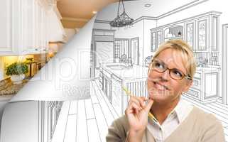 Woman Facing Kitchen Drawing Page Corner Flipping with Photo Beh