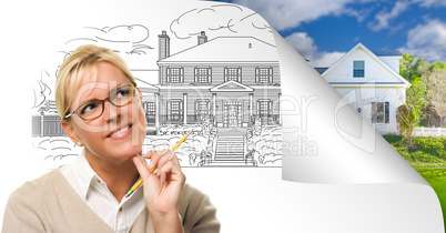 Woman Facing House Drawing Page Corner Flipping with Photo Behin