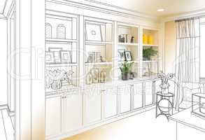 Custom Built-in Shelves and Cabinets Design Drawing Gradating to