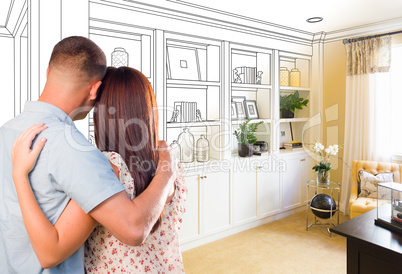 Young Military Couple Facing Custom Built-in Shelves and Cabinet