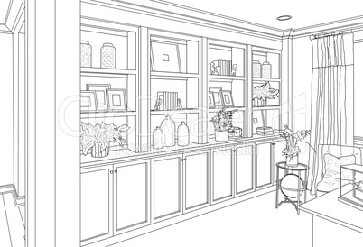 Detailed Drawing of Custom Living Room Built-in Shelves and Cabi