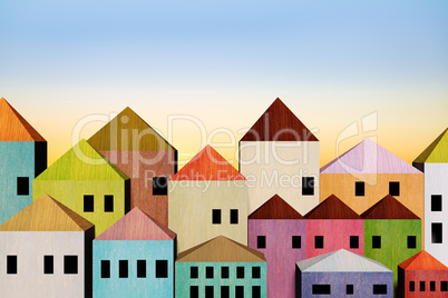 Simple city with colorful houses, 3d illustration
