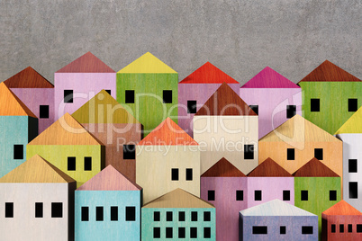 Simple city with colorful houses, 3d illustration