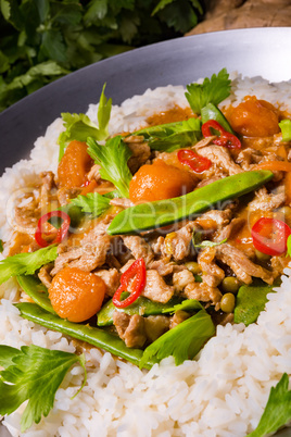 wok pan with meat strips and vegetables