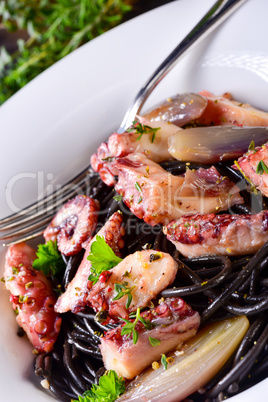 octopus with black spaghetti and garlic sauce