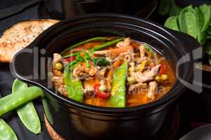 strips of pork  with sugar peas and other vegetables