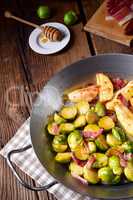 Brussels Sprouts with ham ,honey and roasted potatoes