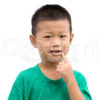 Asian child pointing mouth