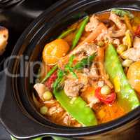 strips of pork  with sugar peas and other vegetables