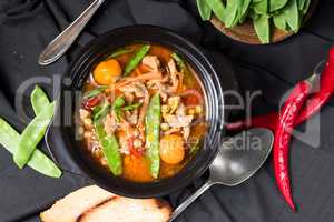 strips of pork  with sugar peas and other vegetables