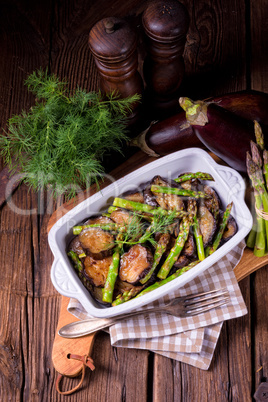 Eggplant casserole with green asparagus