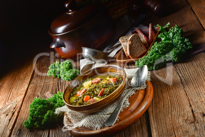 rustic kale soup with meat and sausage