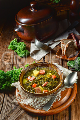 rustic kale soup with meat and sausage