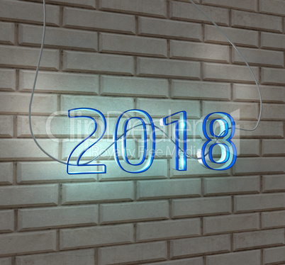 2018 happy new year neon sign on a white brick wall 3d render