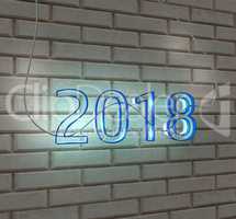 2018 happy new year neon sign on a white brick wall 3d render